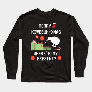 Funny Merry Kiwi Christmas, Where's My Present? Kiwi New Zealand Christmas Celebration Xmas Long Sleeve T-Shirt